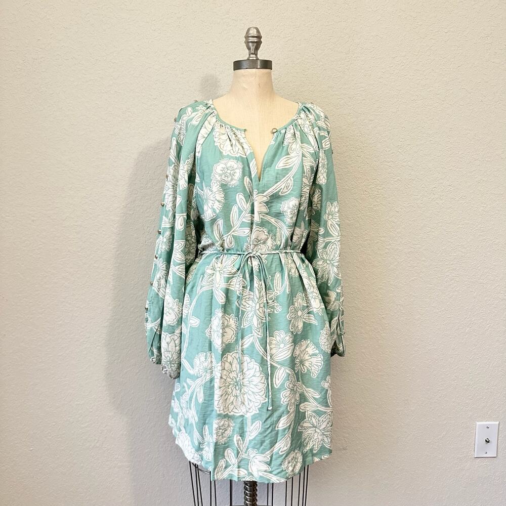 LOFT Mini Dress Green White Floral Tie Waist Long Sleeve Bohemian NWT